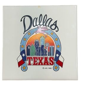 Vintage 1988 Dallas Texas Skyline Pegasus Ceramic Tile Wall Hanging Souvenir 6x6